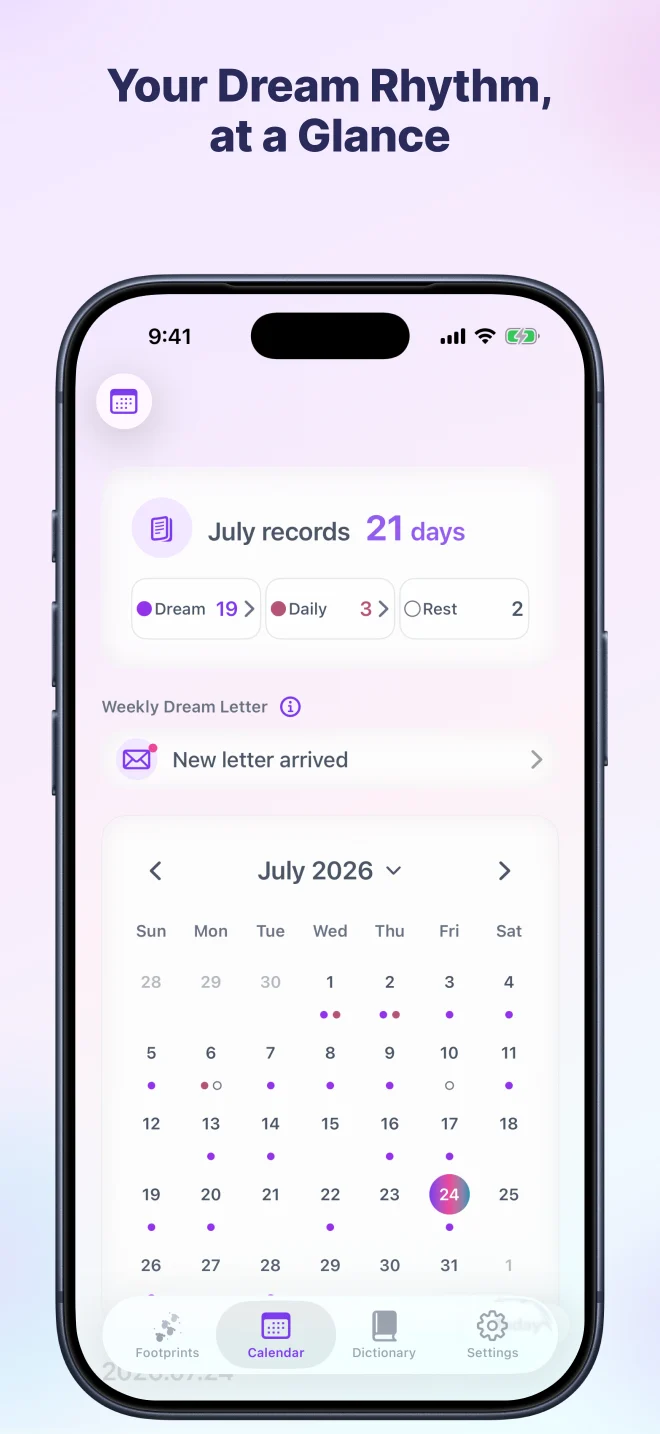 Calendar with a monthly overview and access to saved dreams