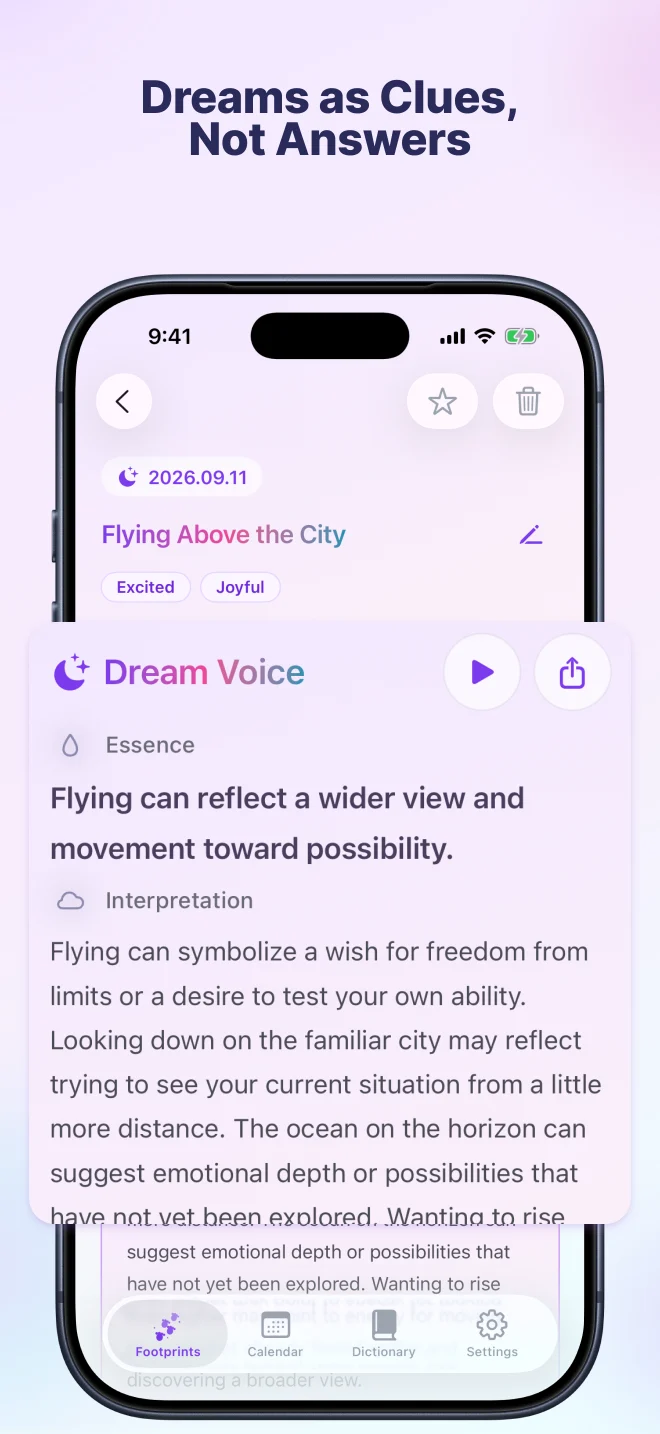 Dream detail with an AI reflection, listening and sharing controls