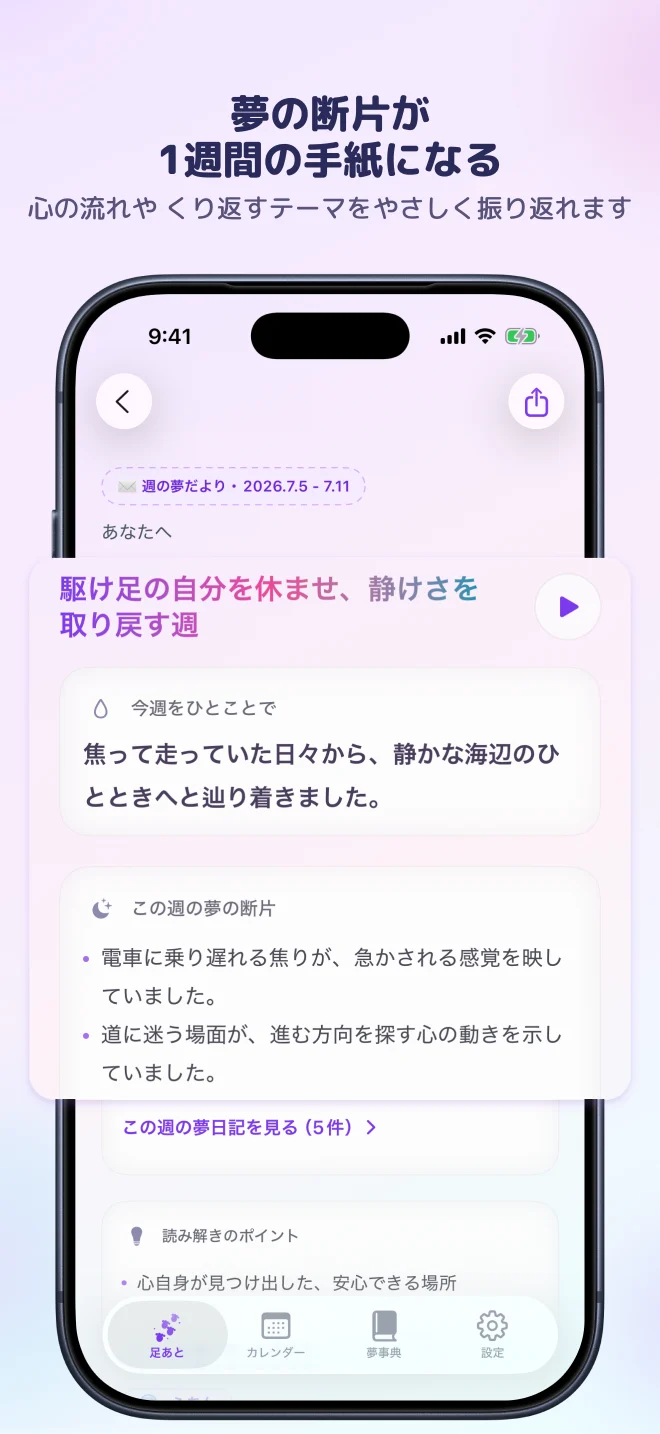 週の夢だよりの詳細画面。今週をひとことで・夢の断片・元の夢への入口