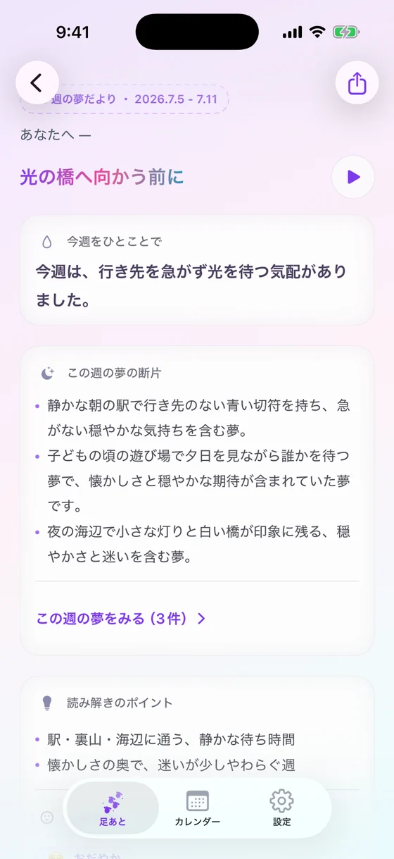 週の夢だよりの概要画面
